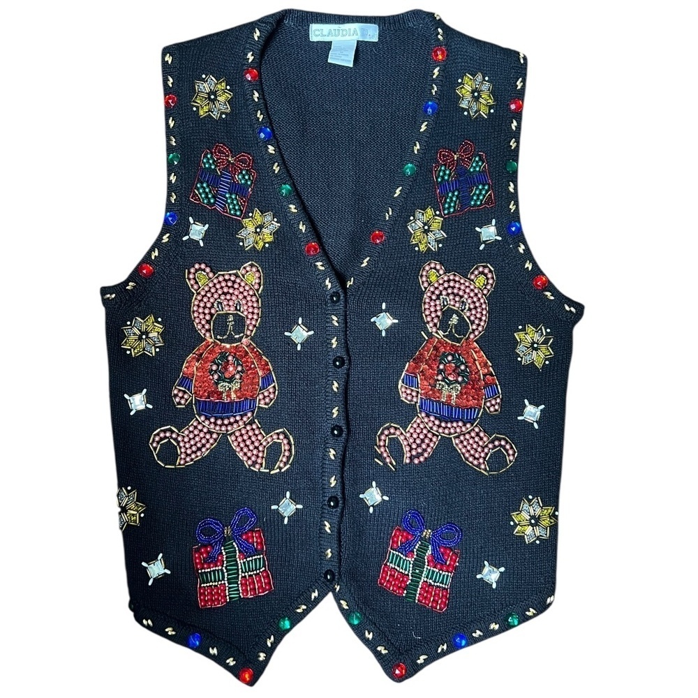 Vintage Beaded Teddy Bear Christmas Holiday Sweater M